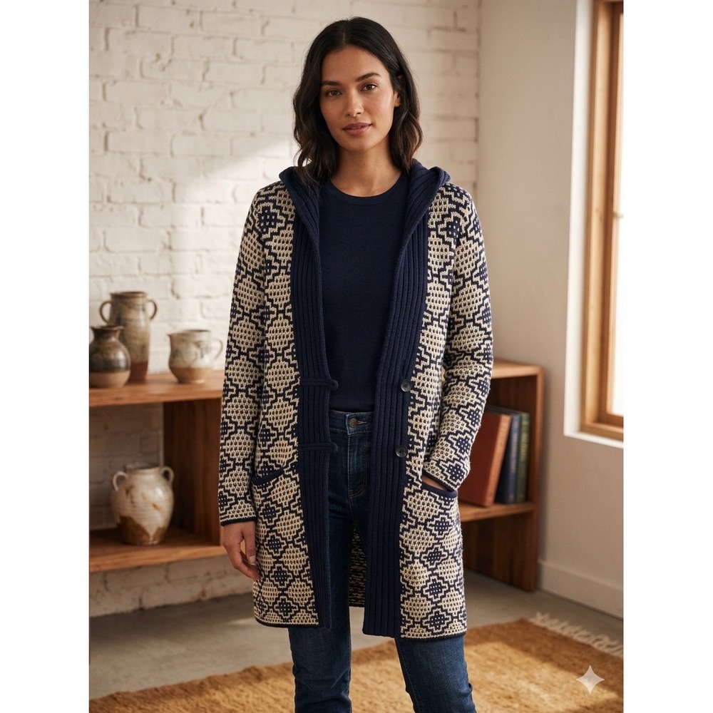 Fiets Voor 2 Anthropologie Navy Geometric Hooded Longline Cardigan Sweater M